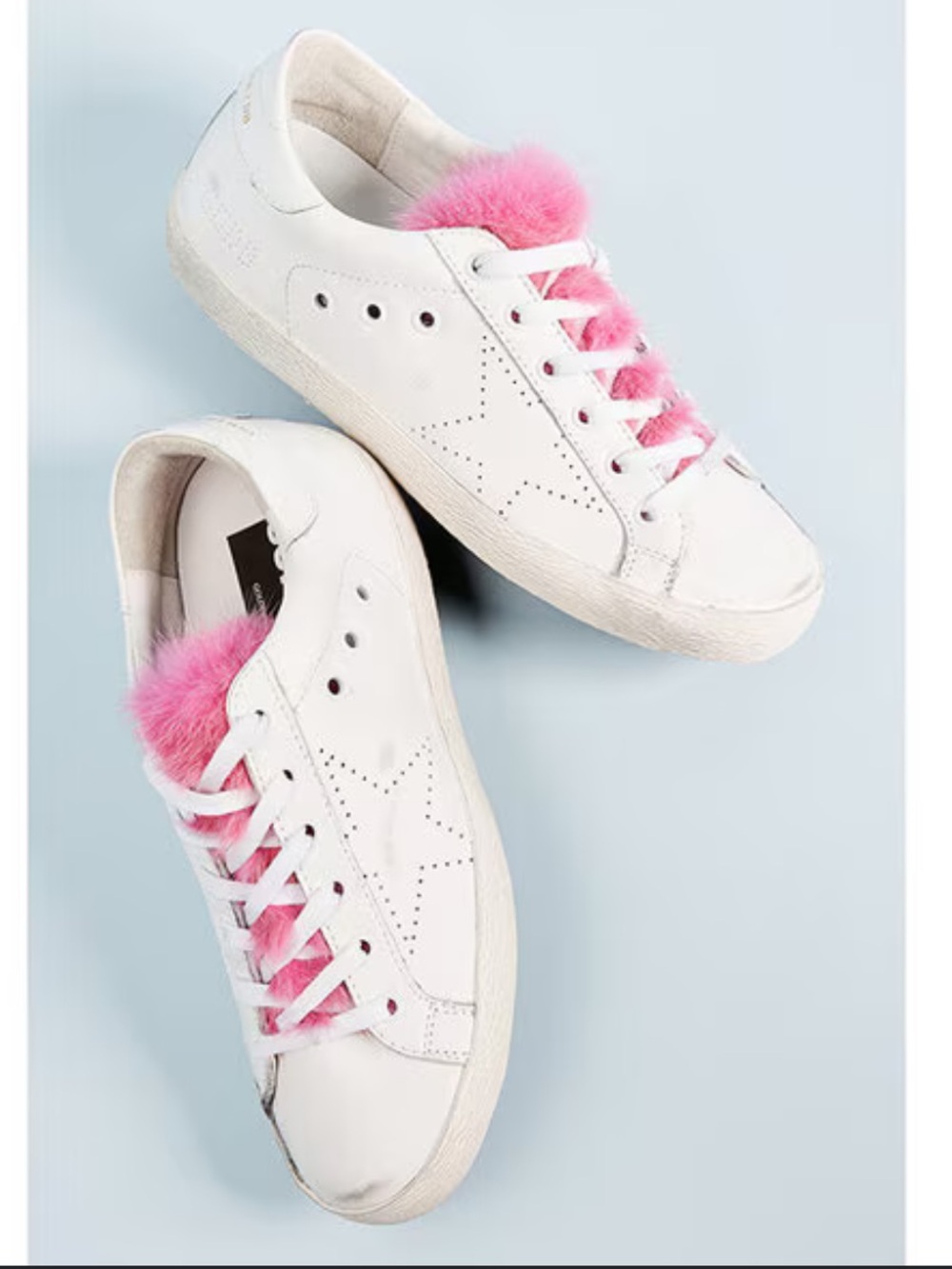 Golden Goose White Sneakers with Bright Pink Fur Tongue